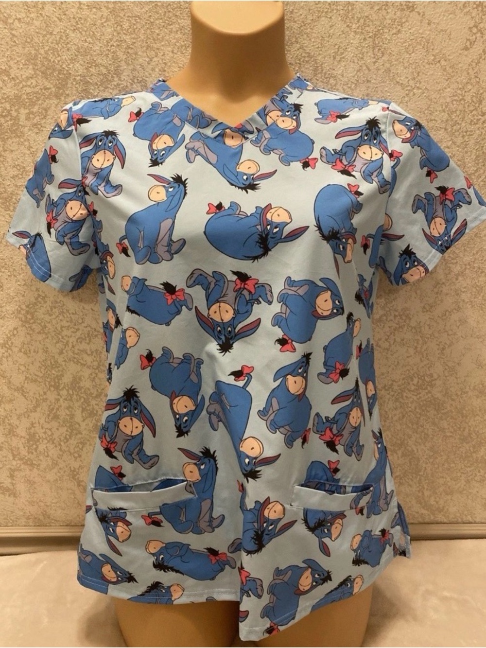 Disney Light Blue Eeyore Print Scrub Top